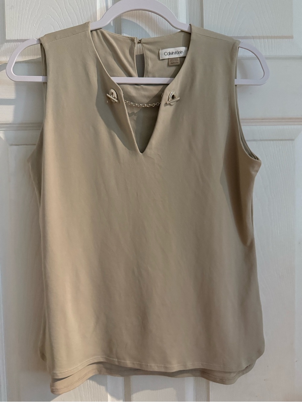Calvin Klein Sleeveless V-Notch Shell Top in Beige